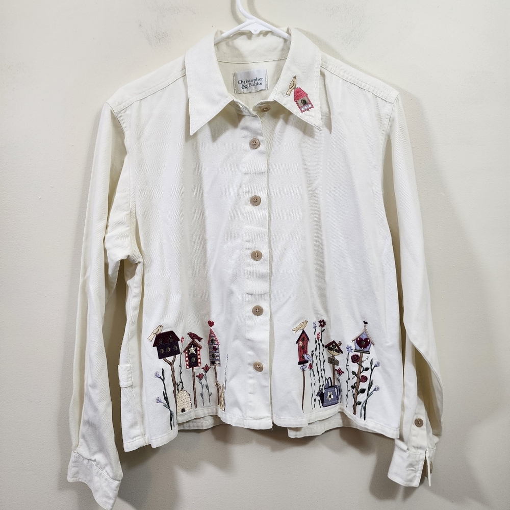 Vintage Christopher & Banks embroidered cat & birds button front shirt jacket XL